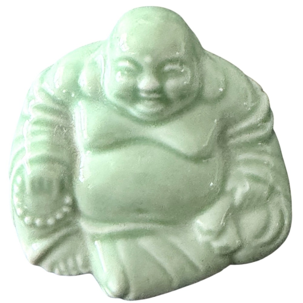 Vintage Celadon Green Porcelain Laughing Buddha‎ Miniature Figurine 1.25" Glazed